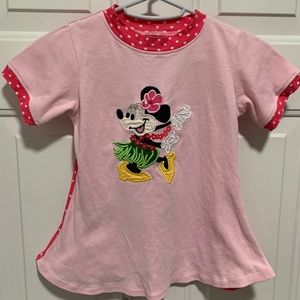 Handmade Minnie Hula dancing girl’s shirt. Light pink pink & white polka dot